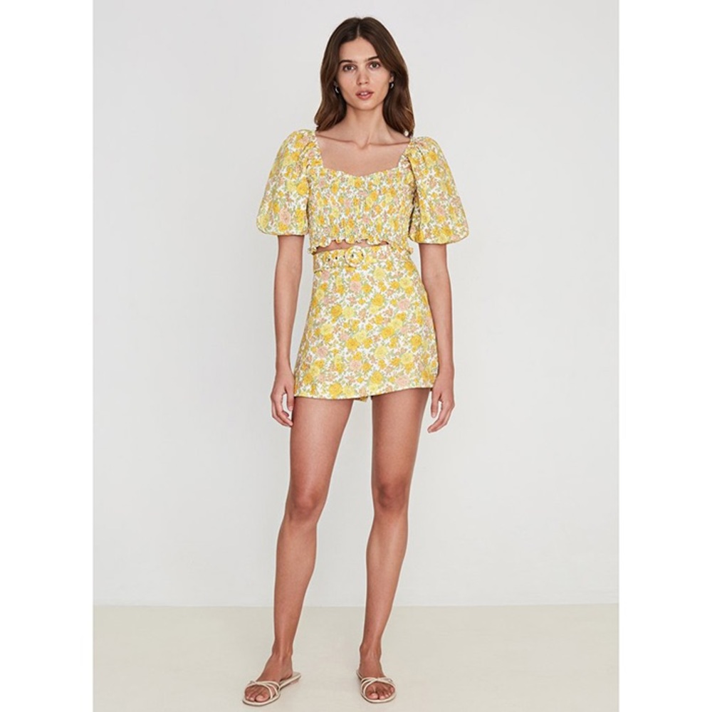 Faithfull the Brand floral print belted shorts &puff sleeve top Size AU10/US 6/M